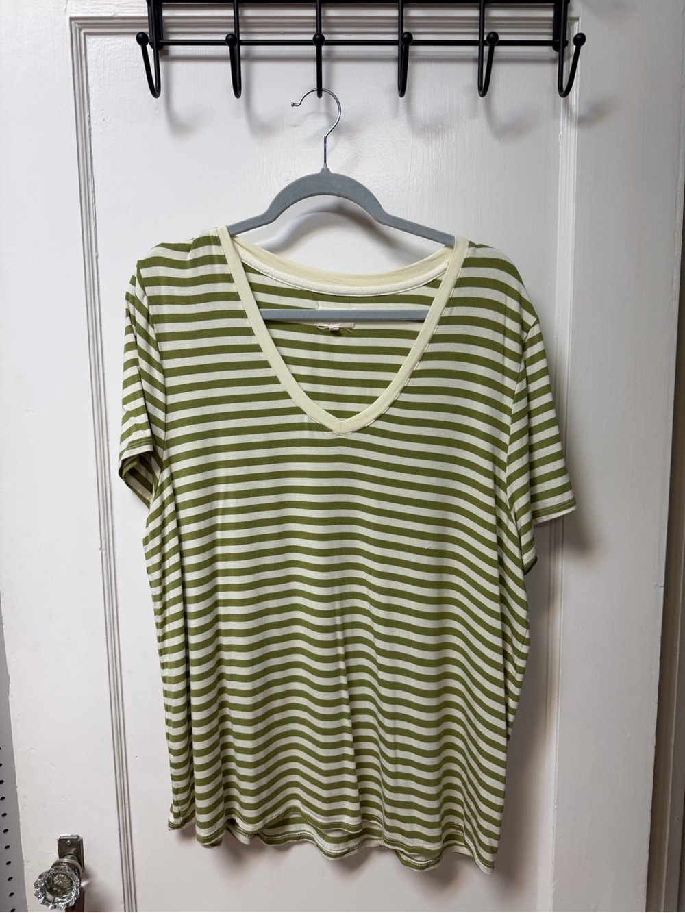 Thread & Supply Olive and Cream Striped V‑Neck Tee